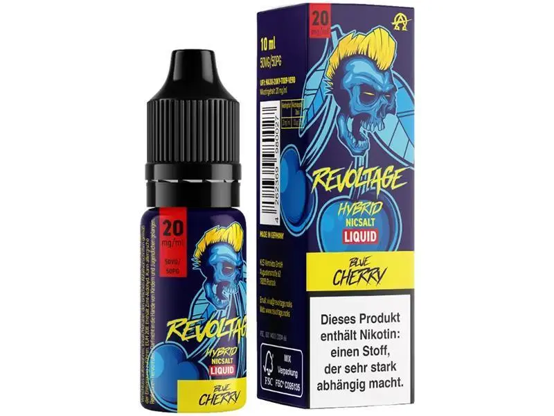 Revoltage Blue Cherry Hybrid-Nikotinsalz-Liquid 10ml – Flasche und blaue Verpackung, Frontansicht