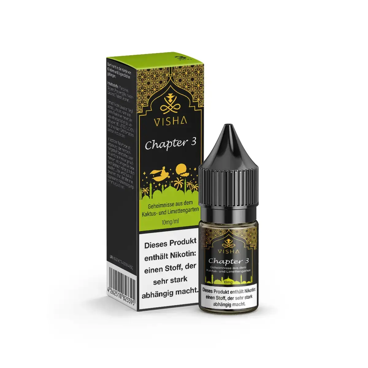 Visha Chapter 3 Nikotinsalz-Liquid 10ml – Flasche und Verpackung in Dunkelgrün-Gold-Design