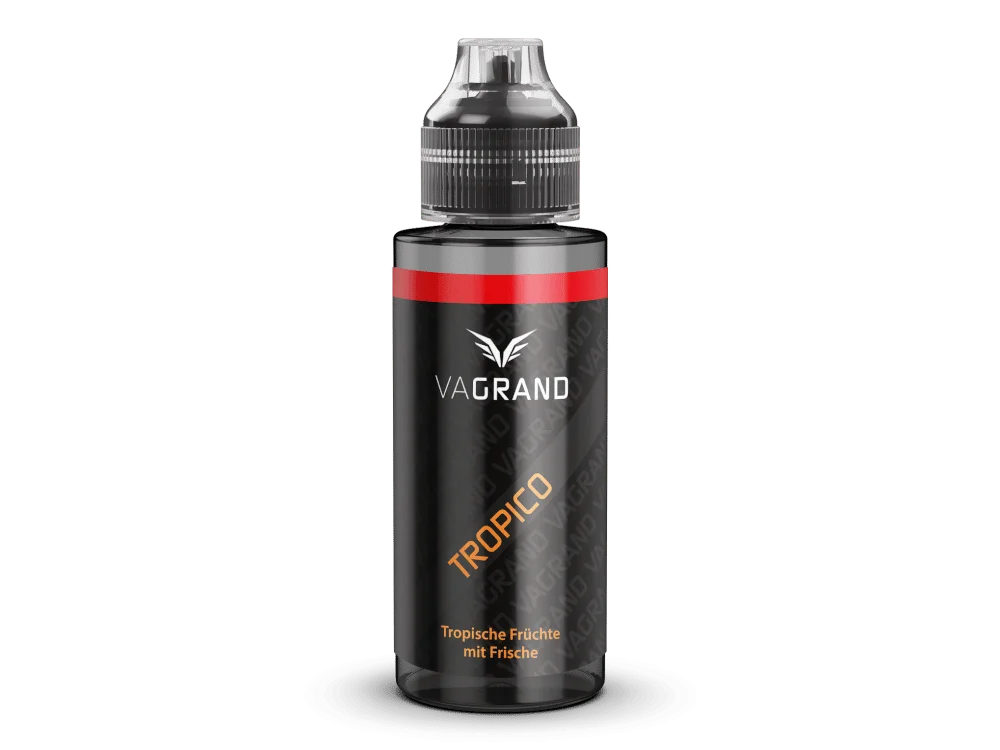 Vagrand Tropico Longfill, schwarze 10-ml-Flasche mit orangefarbenem Schriftzug, Frontansicht
