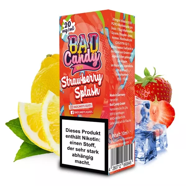 Bad Candy Strawberry Splash Nikotinsalz-Liquid 10ml Flasche mit Erdbeere und Zitrone, Frontansicht