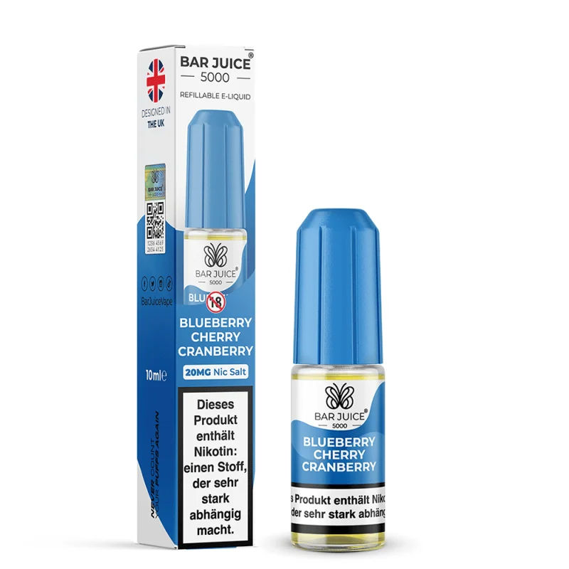 Bar Juice 5000 Blueberry Cherry Cranberry 10ml Nikotinsalz-Liquid – blaue Flasche mit Verpackung