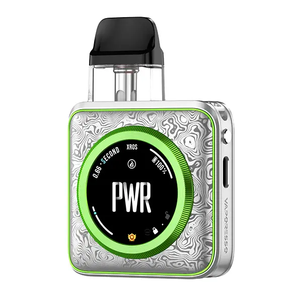 Vaporesso XROS 5 Nano Pod Kit in silber-grün mit graviertem Gehäuse und rundem PWR-Display, Frontansicht