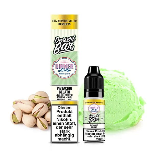 Dinner Lady Dessert Bar Pistachio Gelato 10ml Nikotinsalz-Liquid – Flasche mit Pistazieneiskugel und Pistazienmotiv