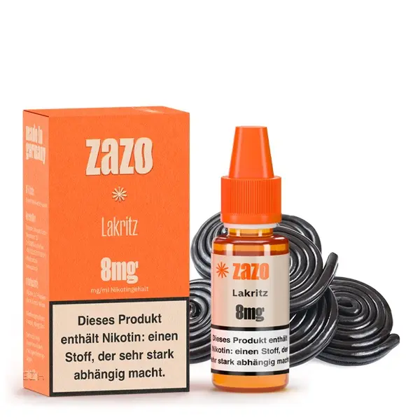 ZAZO Classics Lakritz 10ml Liquid 6mg – orangefarbene Verpackung mit Flasche und Lakritzschnecken
