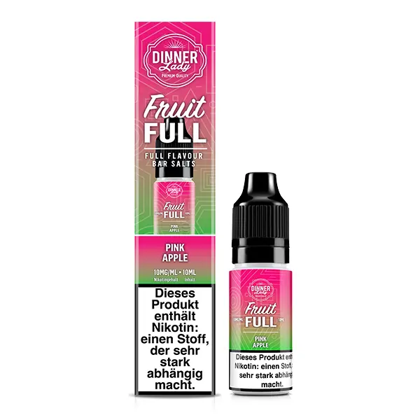 Dinner Lady Fruit Full Pink Apple 10ml Nikotinsalz-Liquid, Verpackungskarton und Flasche nebeneinander, pink-weißes Design