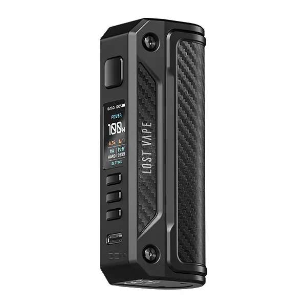 Lost Vape Thelema Solo 100W Mod Akkuträger in mattem Schwarz mit Carbon-Optik, Frontansicht