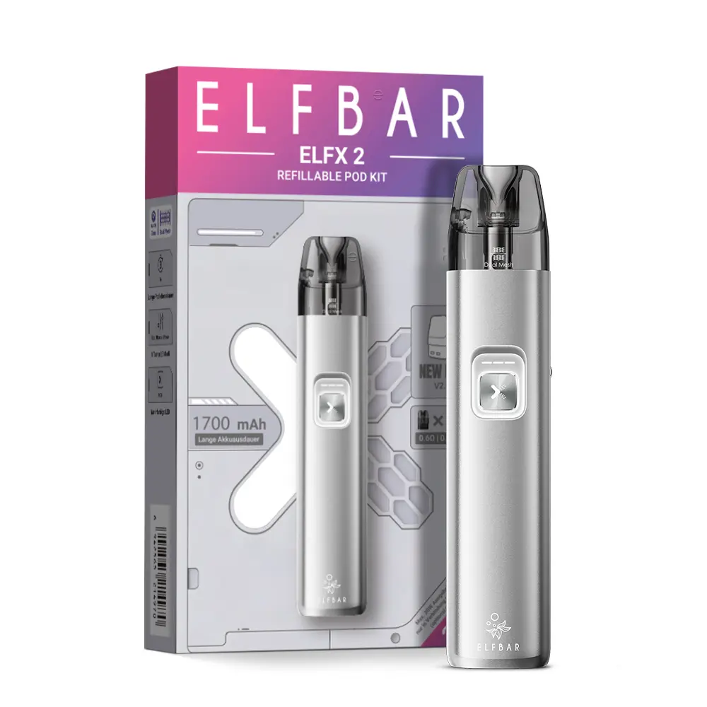 Elfbar ELFX 2 Refillable Kit in Silber-Weiß mit Pod-System, Verpackung und Gerät nebeneinander