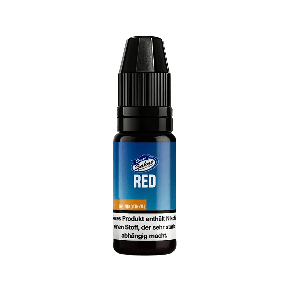 Erste Sahne Red 10ml eLiquid in blauer 10ml Flasche mit goldener Banderole, Frontansicht