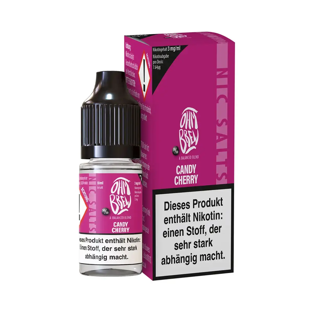 Ohmbrew Candy Cherry 10ml Nikotinsalz-Liquid in pinkfarbener Flasche mit passender Verpackungsschachtel