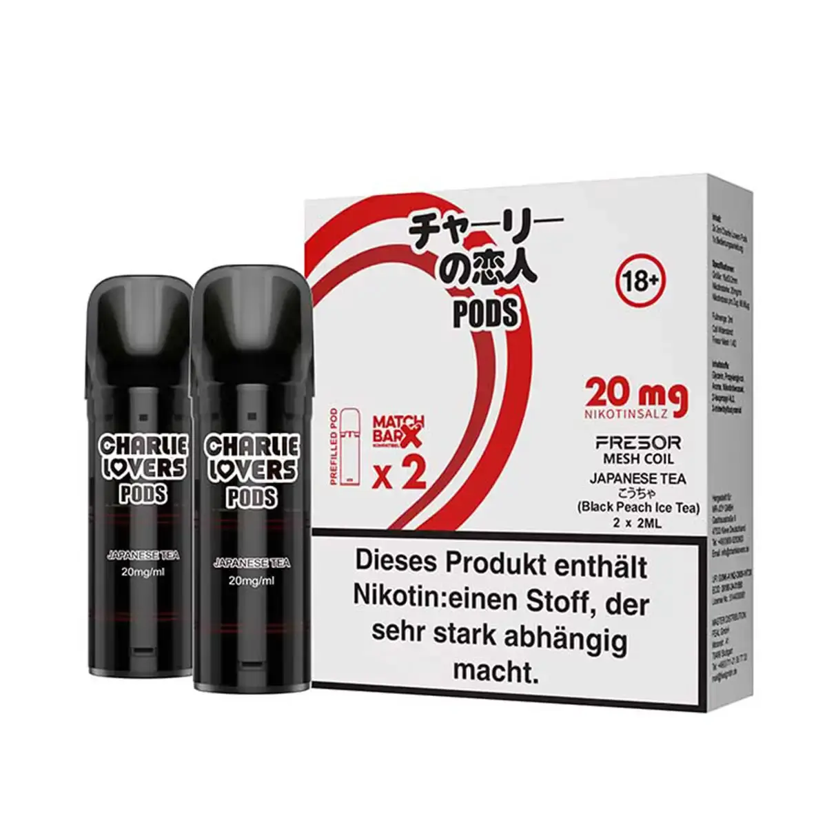 Zwei Charlie Lovers Prefilled Pods Japanese Tea 20mg mit rot-weißer Verpackung, Frontansicht