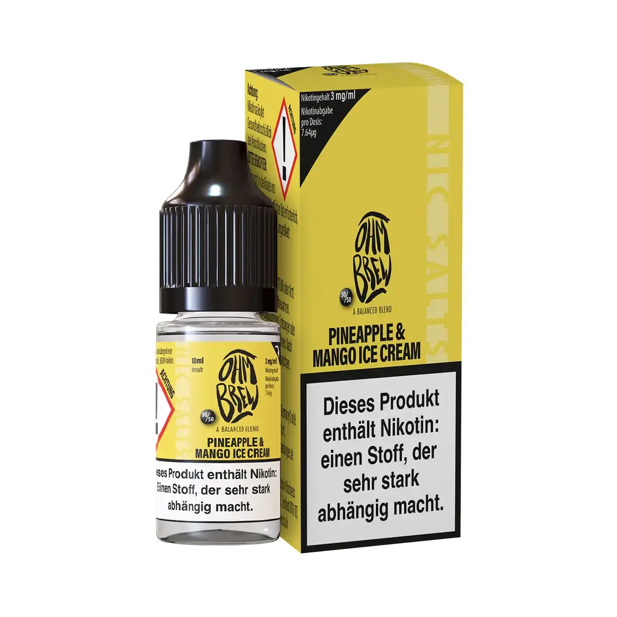 Ohmbrew Pineapple & Mango Ice Cream 10ml Nikotinsalz-Liquid – gelbe Flasche mit Karton, Frontansicht