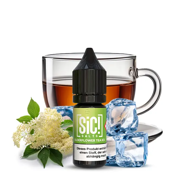 SiC! Salts Elderflower Tea Ice Nikotinsalz-Liquid 10ml Flasche vor Teetasse, Holunderblüten und Eiswürfeln