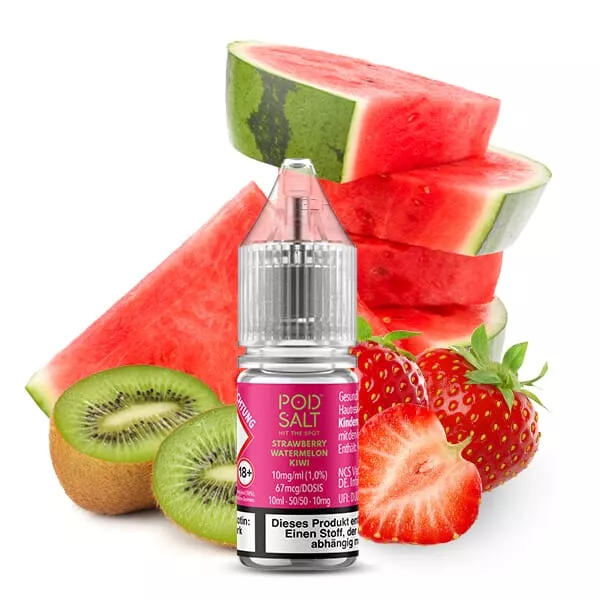 PodSalt Xtra Strawberry Watermelon Kiwi 10ml Nikotinsalz-Liquid, pinke Flasche mit Früchten