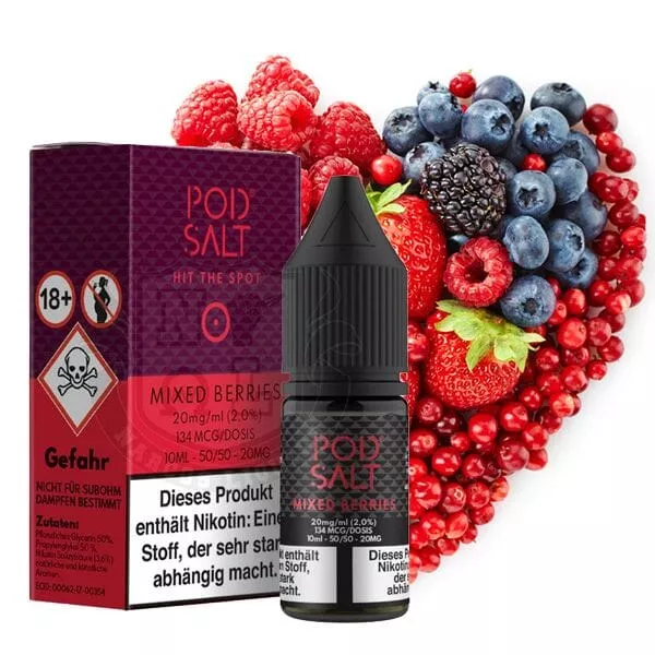 PodSalt Mixed Berries 10ml Nikotinsalz-Liquid – Flasche mit roter Verpackung und bunten Beeren im Hintergrund