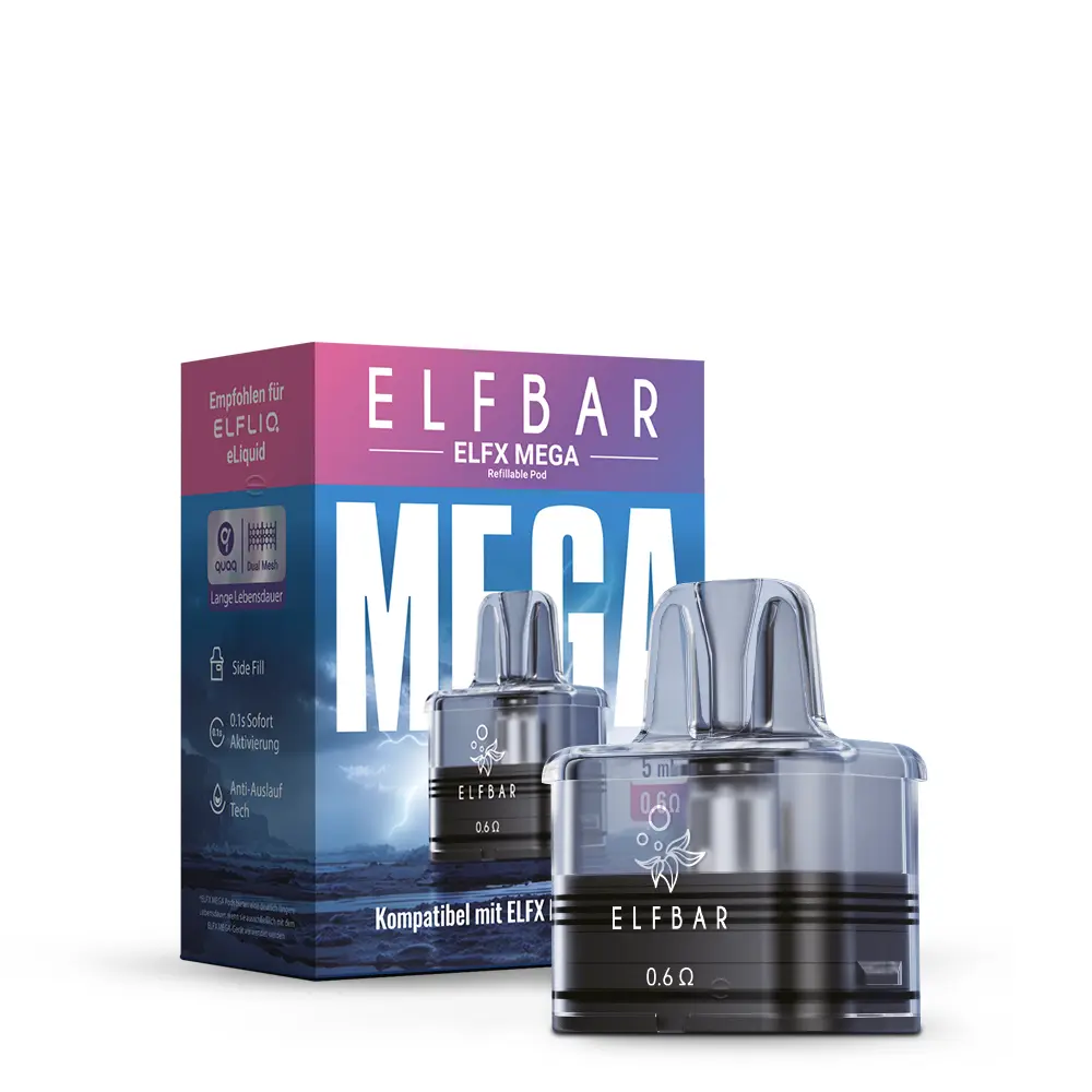 Elfbar ELFX Mega Ersatz-Pod 5ml – transparenter Pod mit Verpackung, dunkelblau-rosa Box