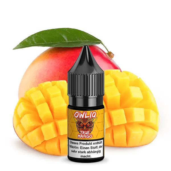 Owliq True Mango 10ml Nikotinsalz-Liquid – kleine Flasche vor aufgeschnittener Mangofrucht