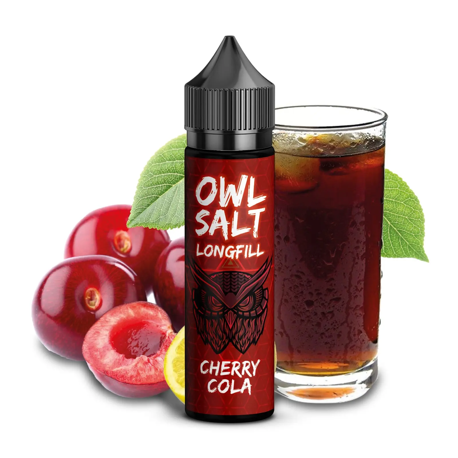 OWL Salt Cherry Cola Longfill – 60-ml-Flasche mit Kirschen und Cola-Glas, rotes Design
