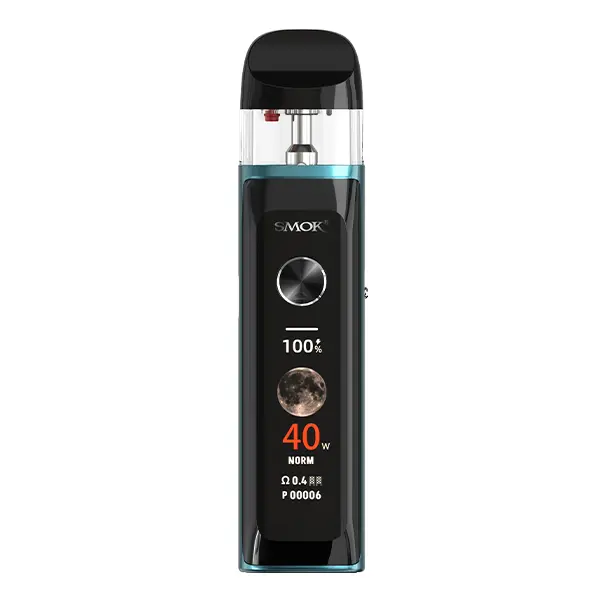 Smok Novo 6 Ultra Pod Kit in Blau-Schwarz, Frontalansicht mit OLED-Display und zwei Bedienknöpfen