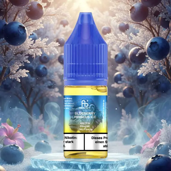 Fumot Blueberry Hibiscus Ice Nikotinsalz-Liquid 10ml Flasche mit Heidelbeeren und Eisdekor im Hintergrund