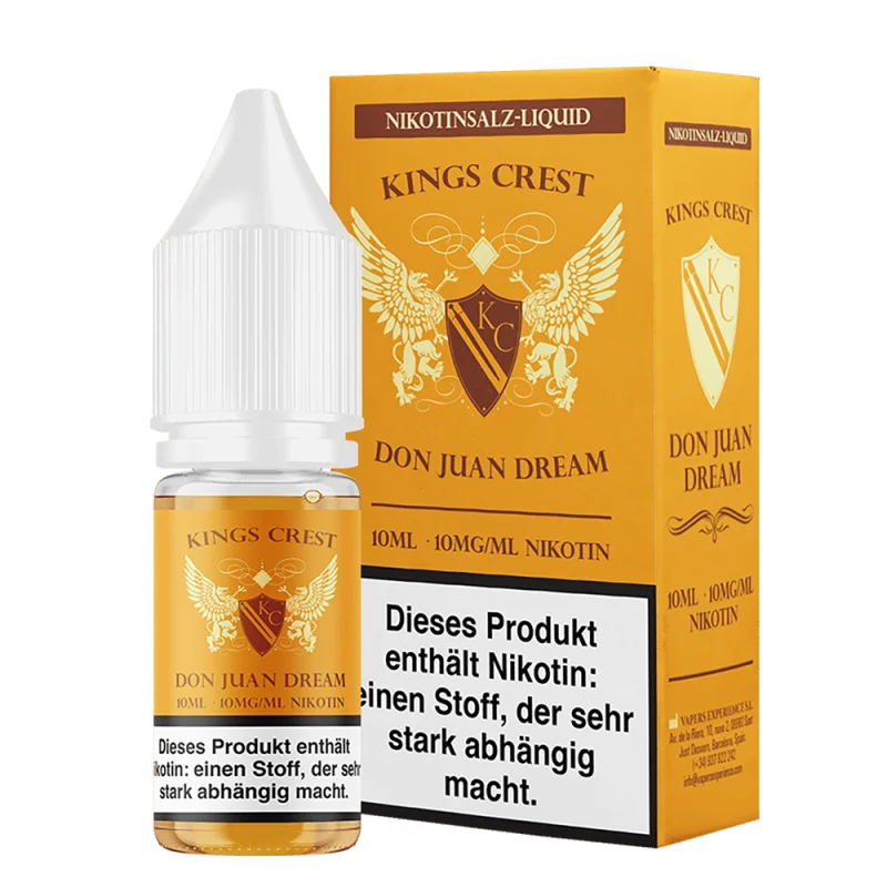 Kings Crest Don Juan Dream 10ml Nikotinsalz-Liquid, goldene Flasche mit Schachtel, Frontansicht