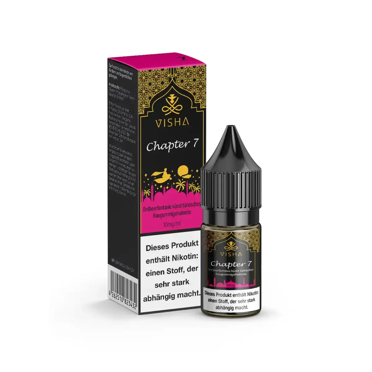 Visha Chapter 7 Nikotinsalz-Liquid 10ml – Flasche mit pink-goldener Verpackung neben der Box
