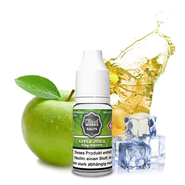 Cloudworks Apple Juice 10ml Nikotinsalz-Liquid – Flasche umgeben von grünem Apfel, Apfelsaft-Splash und Eiswürfeln