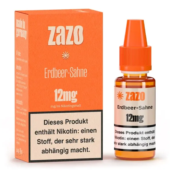 ZAZO Classics Erdbeer-Sahne 10ml Liquid 12mg – orangefarbene Schachtel mit Flasche, Vorder- und Seitenansicht