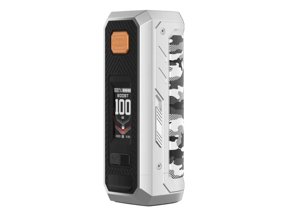 Vaporesso Armour Ultra Mod Akkuträger in Silber-Weiß mit Camouflage-Details, Frontansicht