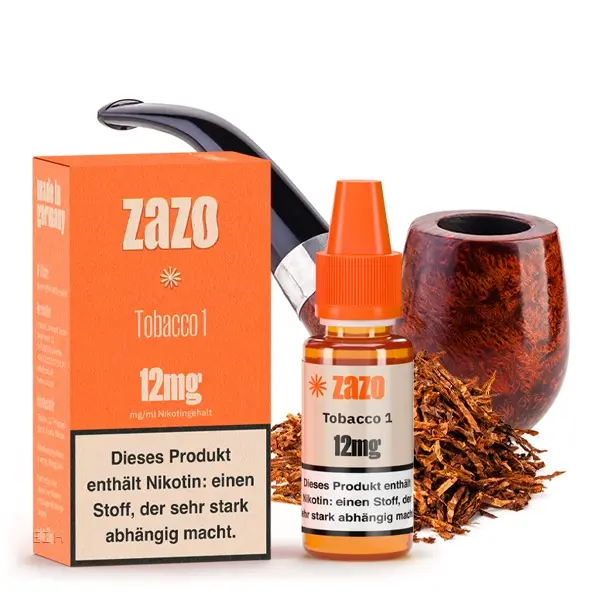 ZAZO Classics Tobacco 1 10ml Liquid, Verpackung und Flasche 12mg neben Tabakpfeife mit losem Tabak