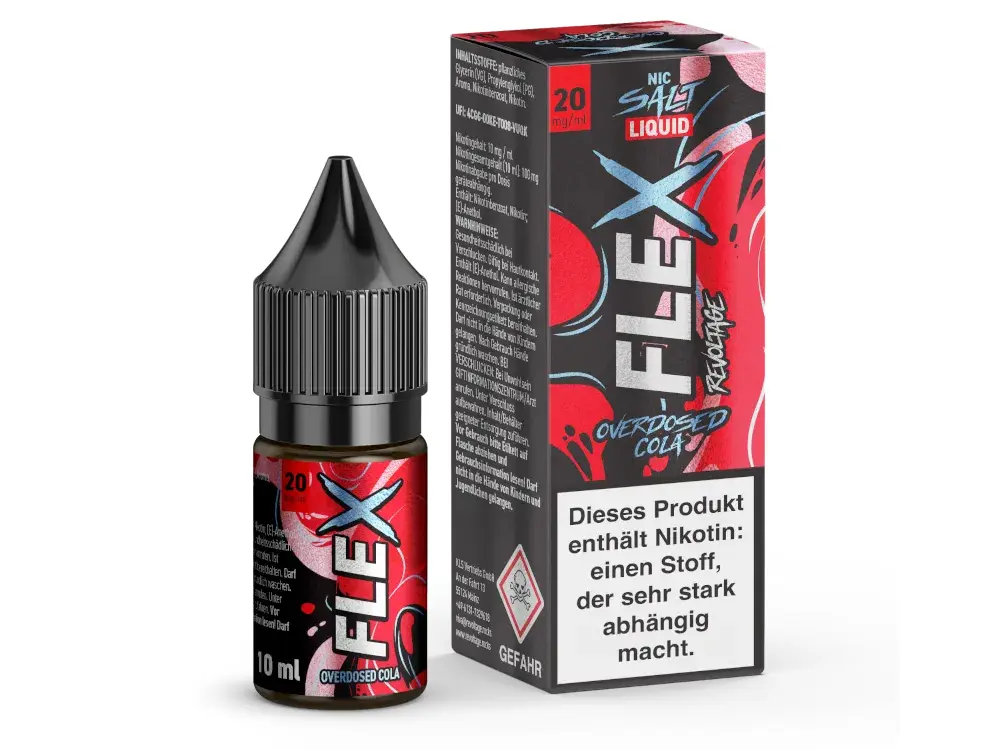 Revoltage-FLEX-Overdosed-Cola-NicSalt-20-mgml_1000x750.png.png Revoltage Flex Overdosed Cola Nikotinsalz-Liquid 10ml – Flasche neben roter Box, Seitenansicht
