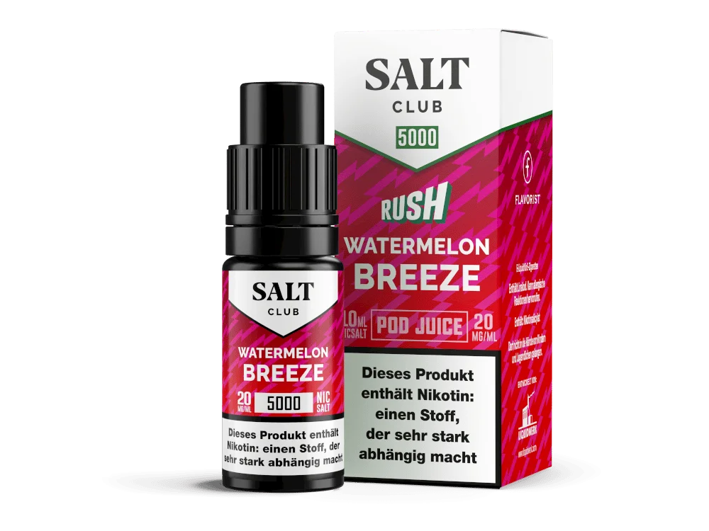 Salt Club 5000 Watermelon Breeze 10ml Nikotinsalz-Liquid – rote Flasche mit pinkem Wellenmotiv und Produktkarton