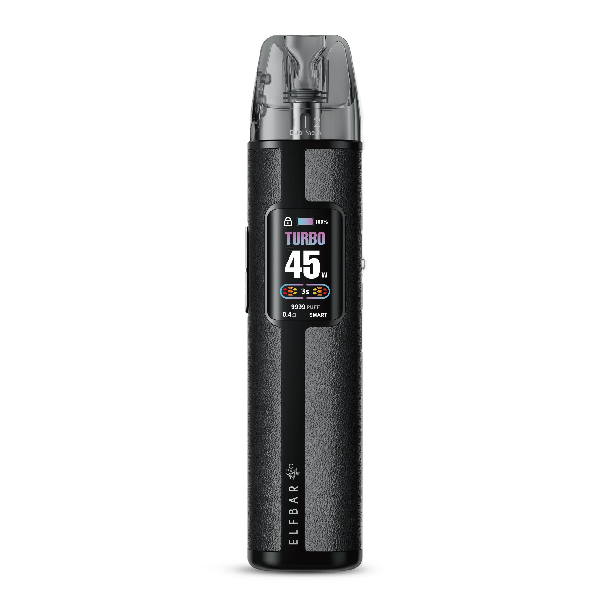 Elfbar ELFX Pro Refillable Kit schwarzer Akkuträger mit Pod, Seitenansicht mit Display