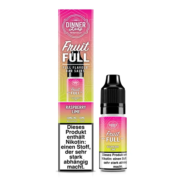Dinner Lady Fruit Full Raspberry Lime 10ml Nikotinsalz-Liquid Flasche und Karton in Pink-Grün mit Fruchtmotiv
