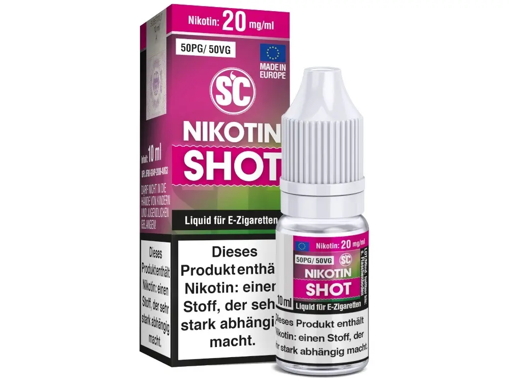 SC Nikotinshot 50/50 20mg/ml, 10ml Flasche mit pinkfarbenem Etikett, Vorderansicht