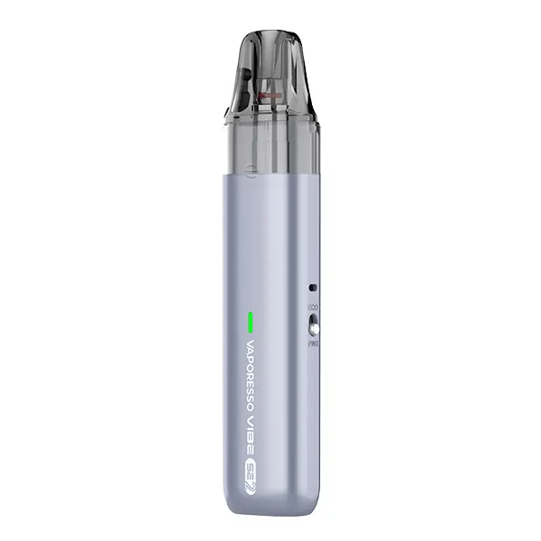 Vaporesso Vibe SE 2 Pod Kit in Silberblau – schlankes Pod-System mit aufgestecktem Pod und grünem LED-Streifen, Frontansicht