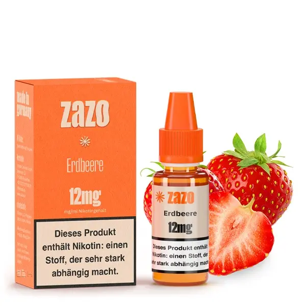 ZAZO Classics Erdbeere 10ml Liquid 12mg – Packung mit Flasche und Erdbeeren, Schrägansicht
