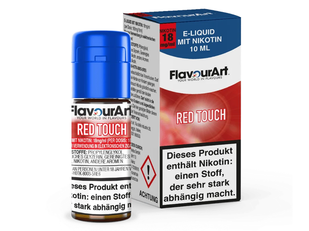 Flavourart Red Touch 10ml Liquid 4,5mg/ml – rote Schachtel mit Flasche, kirschroter Hintergrund