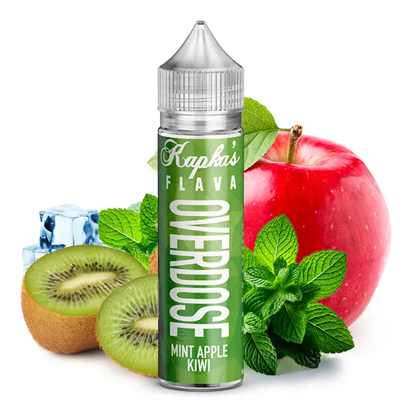 Kapka's Flava Overdose Mint Apple Kiwi Longfill 60-ml-Flasche mit grünem Etikett, Apfel, Kiwi und Minzblättern