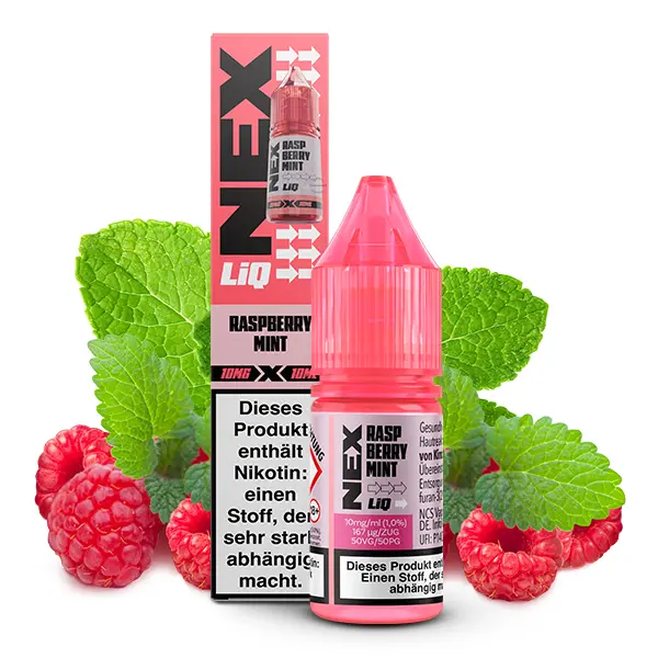 PodSalt NexLiq Raspberry Mint 10ml Nikotinsalz-Liquid – Flasche mit Himbeeren und Minzblättern, Frontansicht