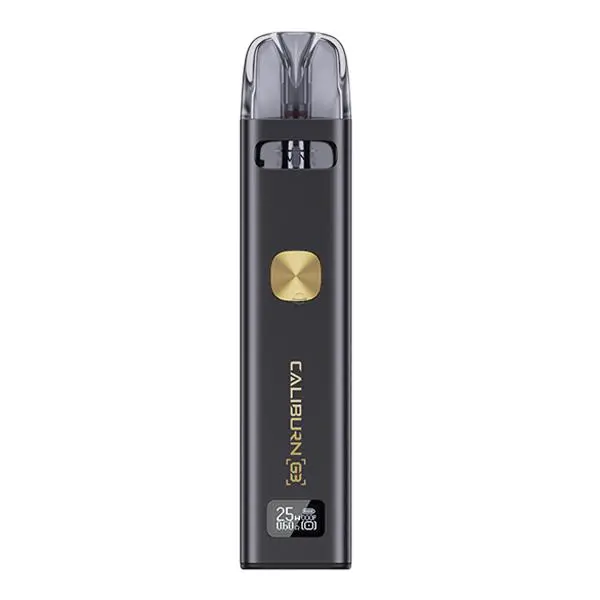 Uwell Caliburn G3 Pod Kit E-Zigarette in Schwarz-Gold, Akkuträger mit goldenem Knopf und eingesetztem Pod