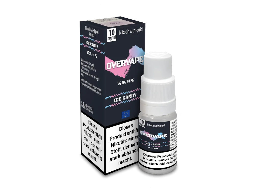 Overvape Ice Candy Nikotinsalz-Liquid 10ml – dunkle Box mit pinkem Aufdruck, Seitenansicht