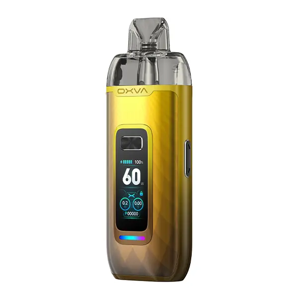 Oxva VPrime Pod Kit in Gold, Vorderansicht mit Farbdisplay und eingesetztem Pod