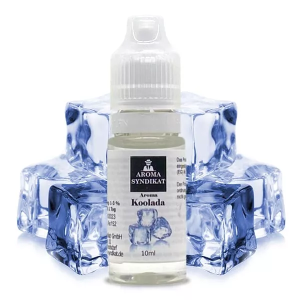 Aroma Syndikat Koolada 10ml Aroma – weißes Fläschchen umgeben von Eiswürfeln auf blauem Hintergrund