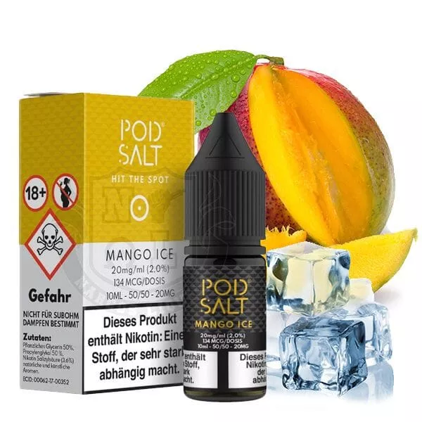 PodSalt Mango Ice 10ml Nikotinsalz-Liquid – Flasche mit Verpackung, Mango-Motiv und Eiswürfeln