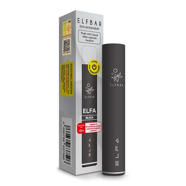 Elfbar Elfa CP Basisgerät in Schwarz mit Verpackungskarton, schlankes Pod-System von Elfbar