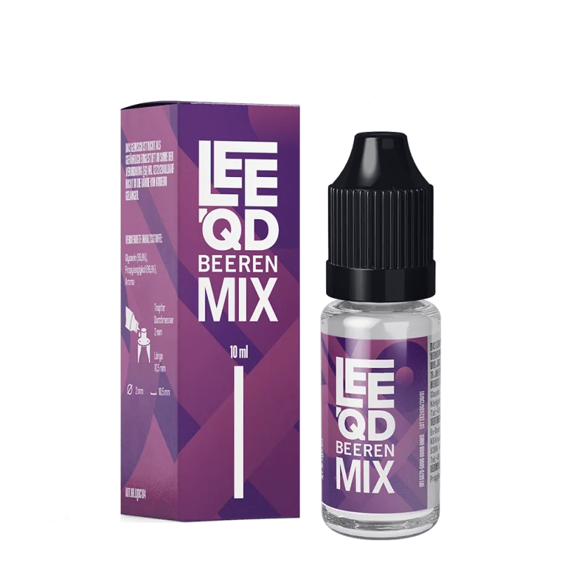 LEEQD Crazy Beeren Mix 10ml Liquid – lila Box und kleine Flasche, Frontansicht