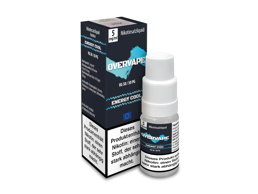 overvape_nicsalt_energy-cool_5mg_1000x750.png Overvape Energy Cool Nikotinsalz-Liquid 10ml – dunkle Verpackung mit blauem Schriftzug und Tropfflasche
