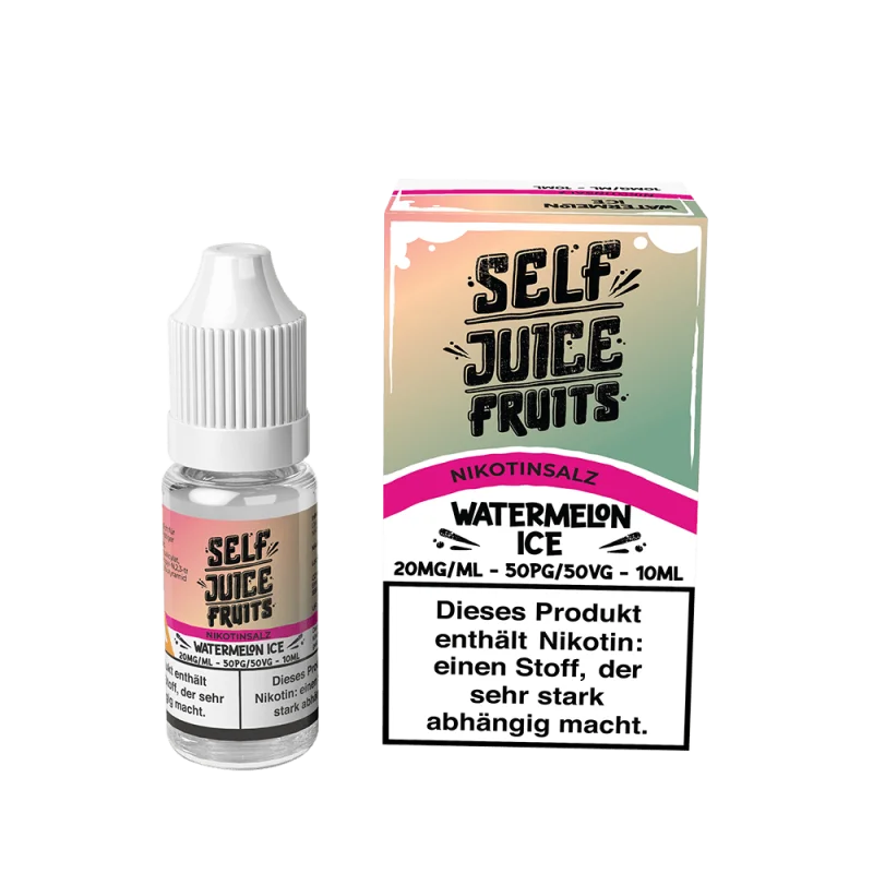 Self Juice Watermelon Ice Nikotinsalz-Liquid 10ml – Flasche mit pinkfarbener Etikette und Karton, Frontansicht