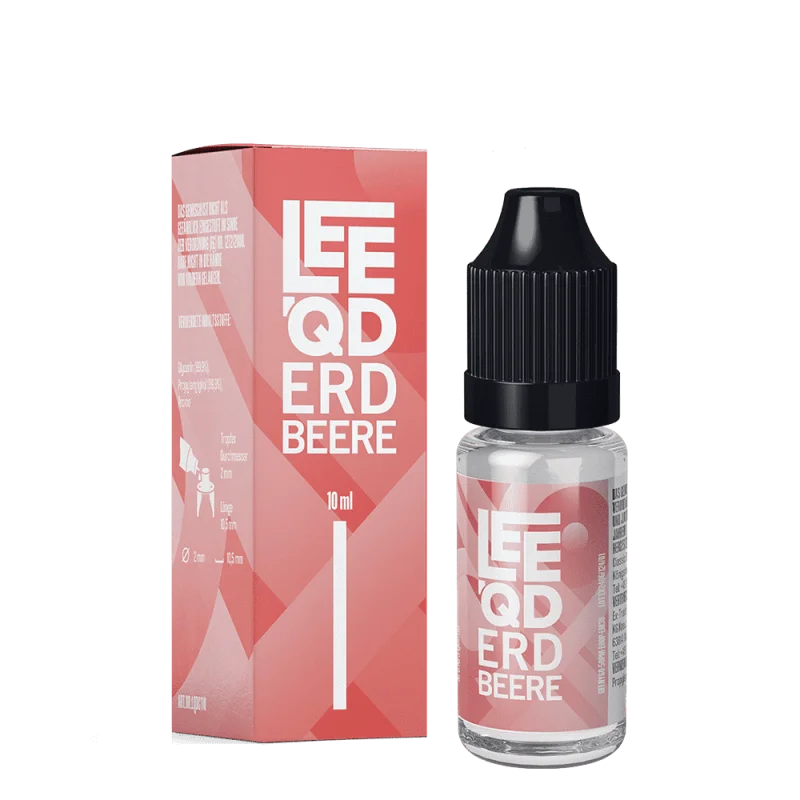 LEEQD Erdbeere Fruit 10ml eLiquid – rosa Schachtel neben kleiner Glasflasche, Vorderansicht