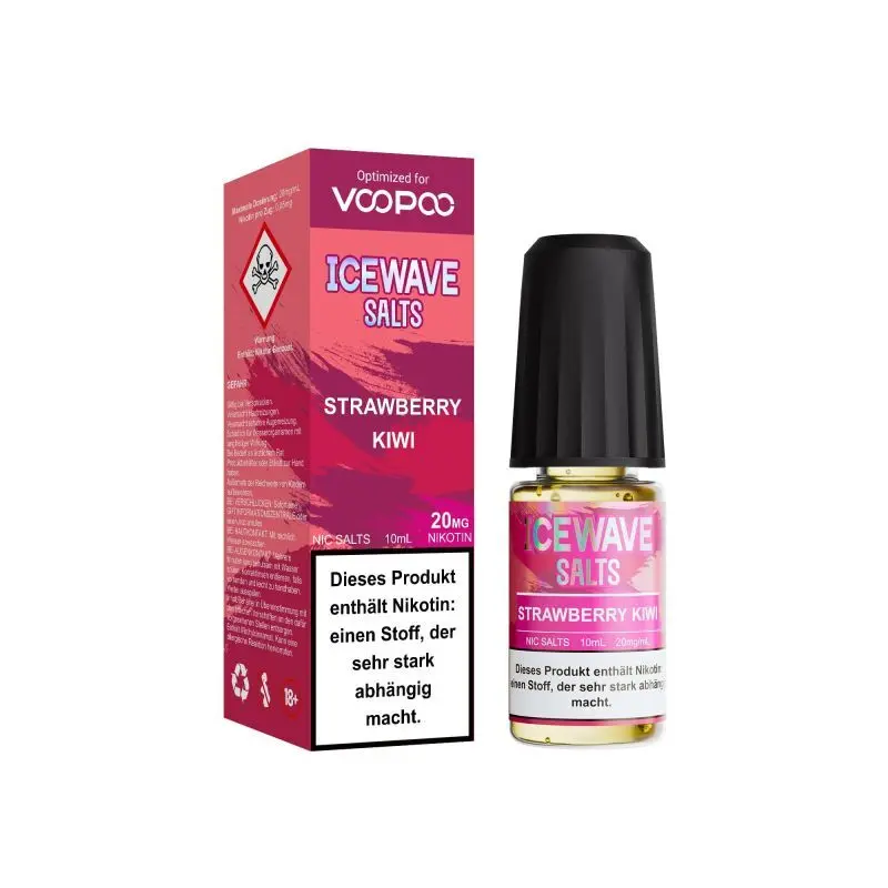 Icewave Salts Strawberry Kiwi 10ml Nikotinsalz-Liquid – pinkfarbene Box und Flasche, seitliche Ansicht